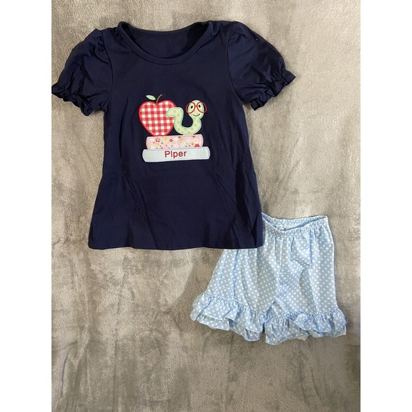 Girl's Back To School Shorts Set Catepillar Applique "Piper" Size 3T - Picture 1 of 2